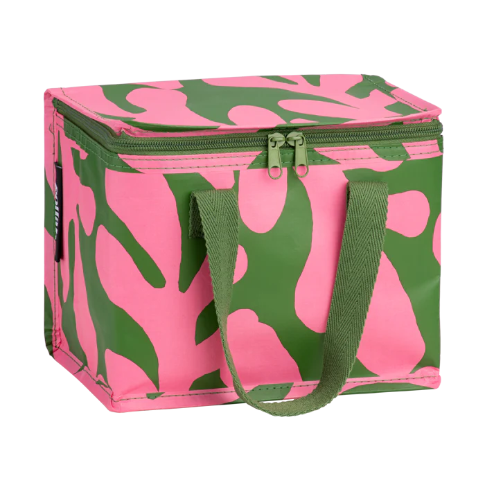 Pink and green camouflage cooler bag with a handle on a white background