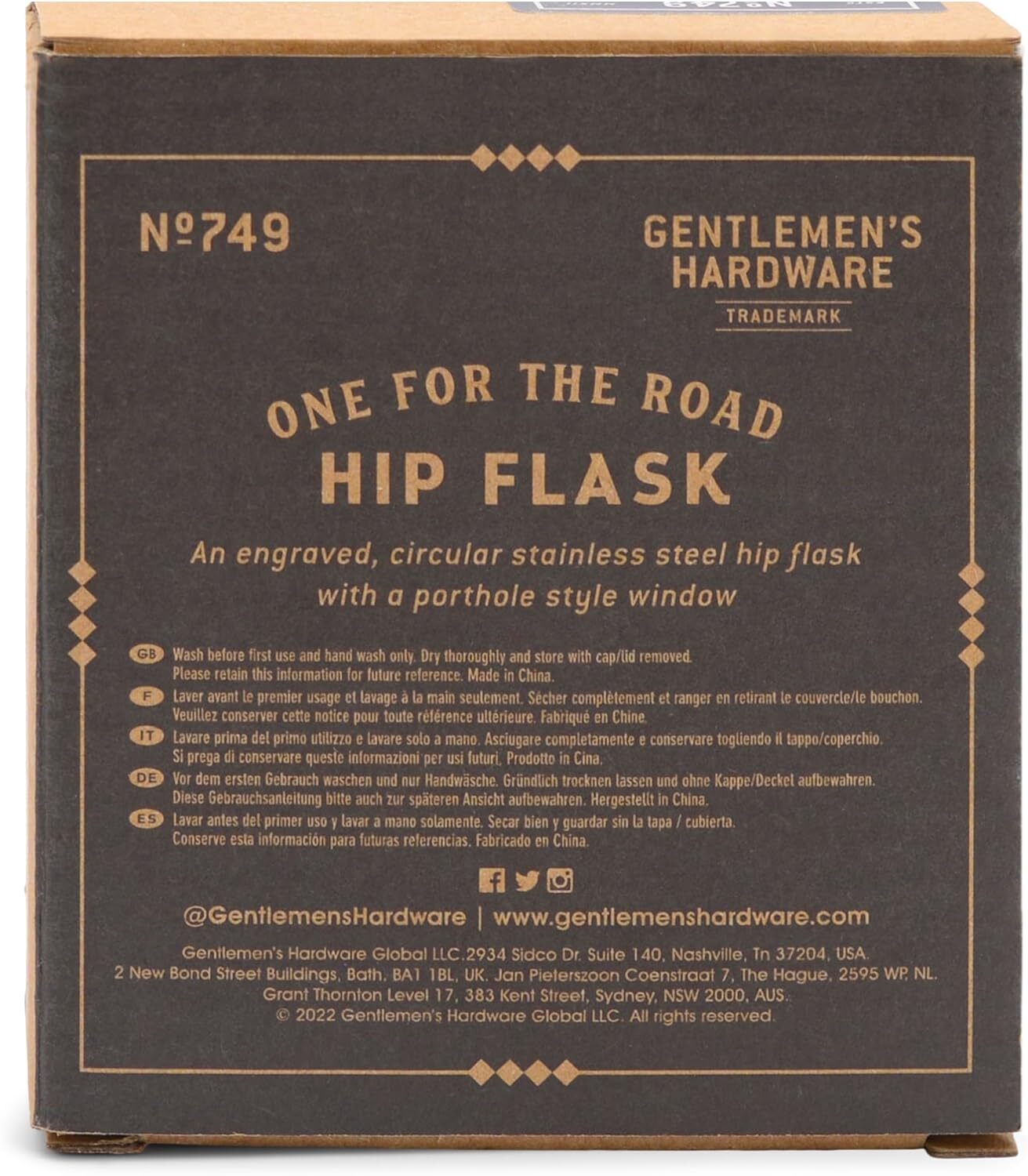 Box of Gentlemen's Hardware One for the Road Hip Flask with text and branding.