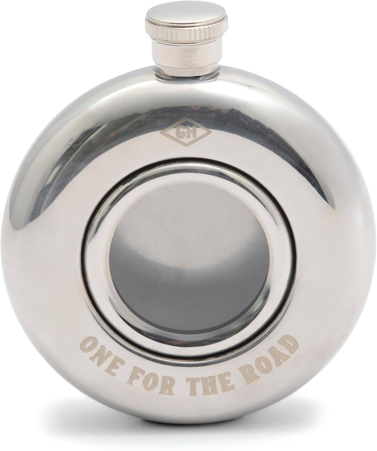 Silver flask with 'One for the Road' engraving on a white background