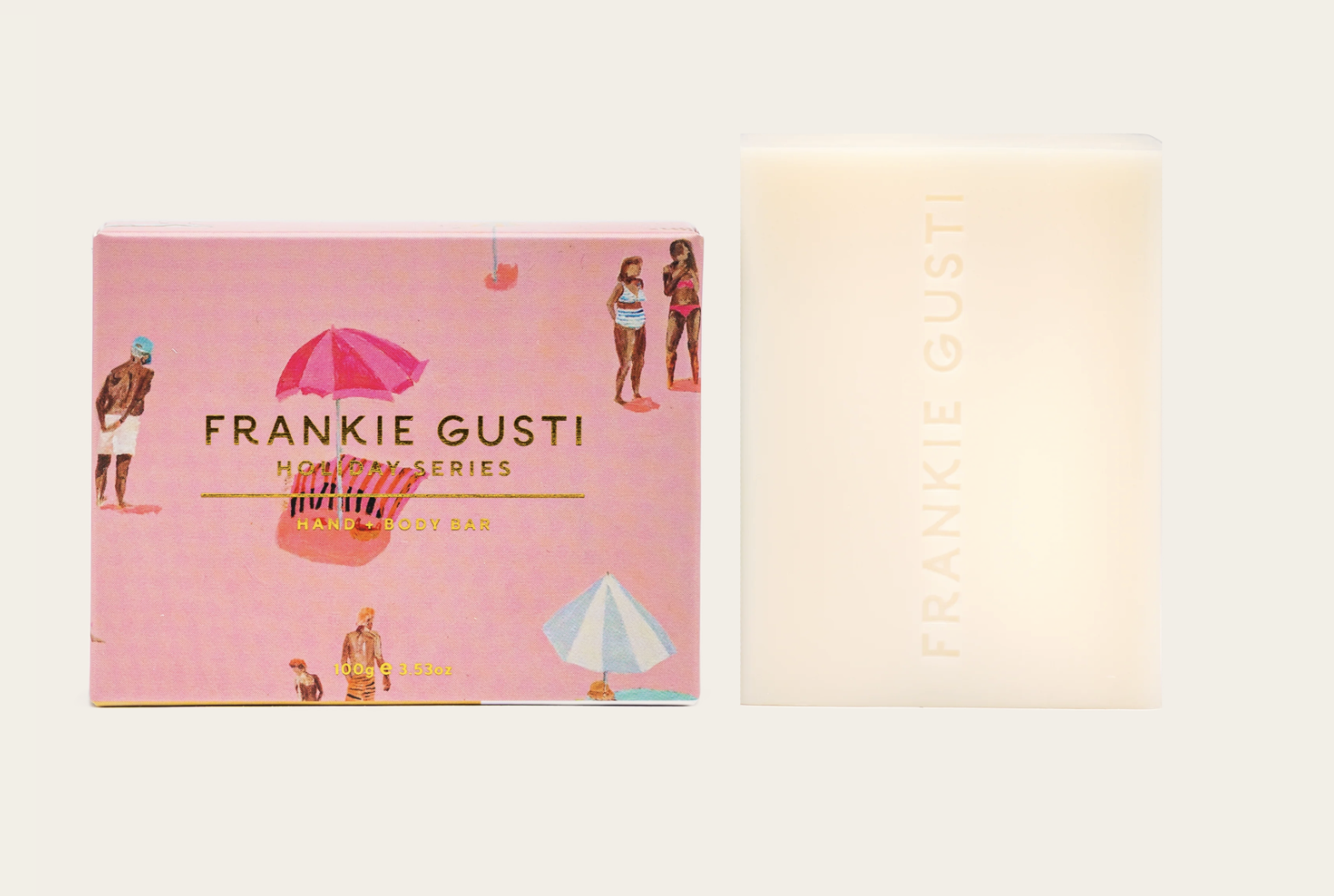 Frankie Gusti product packaging with beach babes 80's vibes illustrations on a pink background