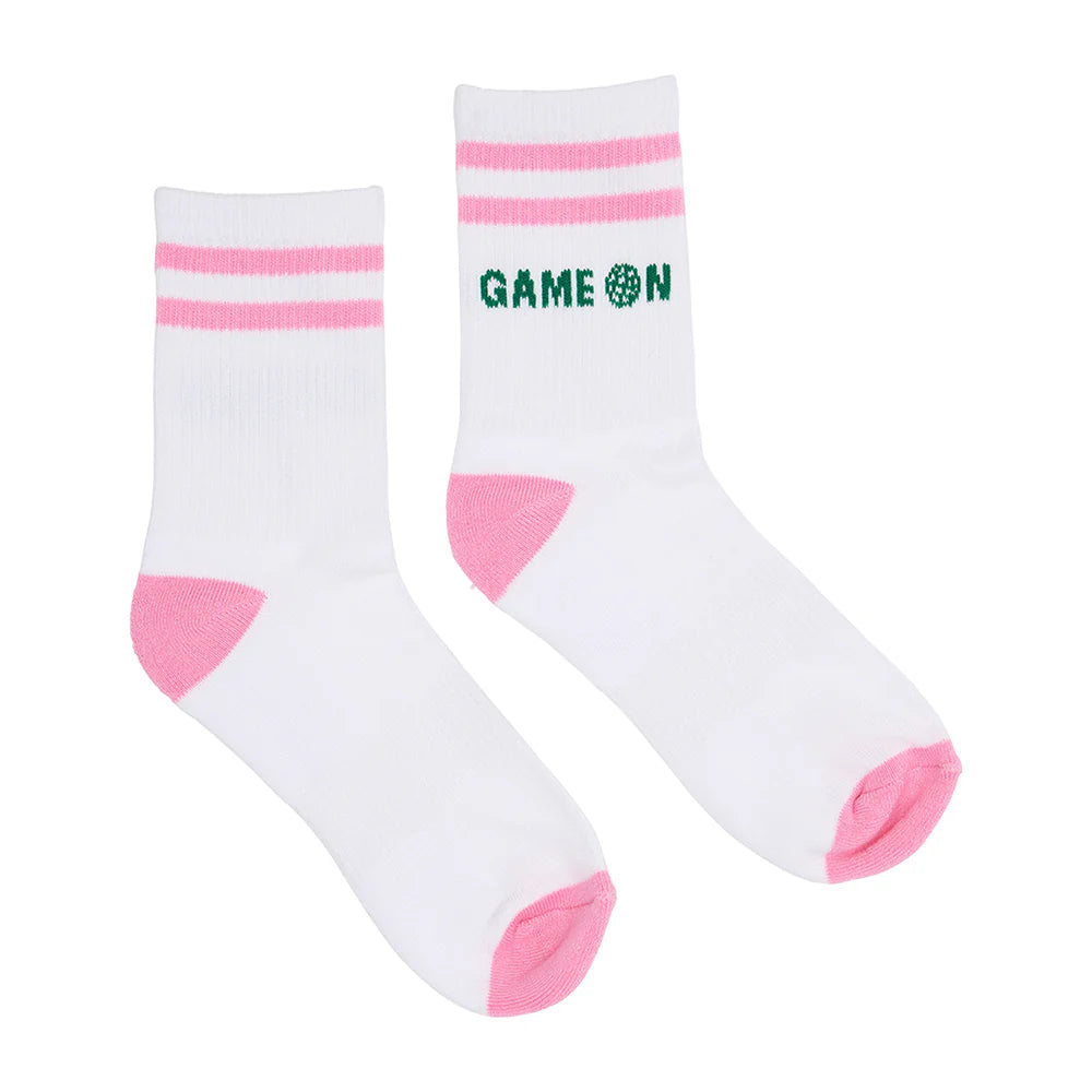 White socks with pink accents and 'GAME ON' text on a white background