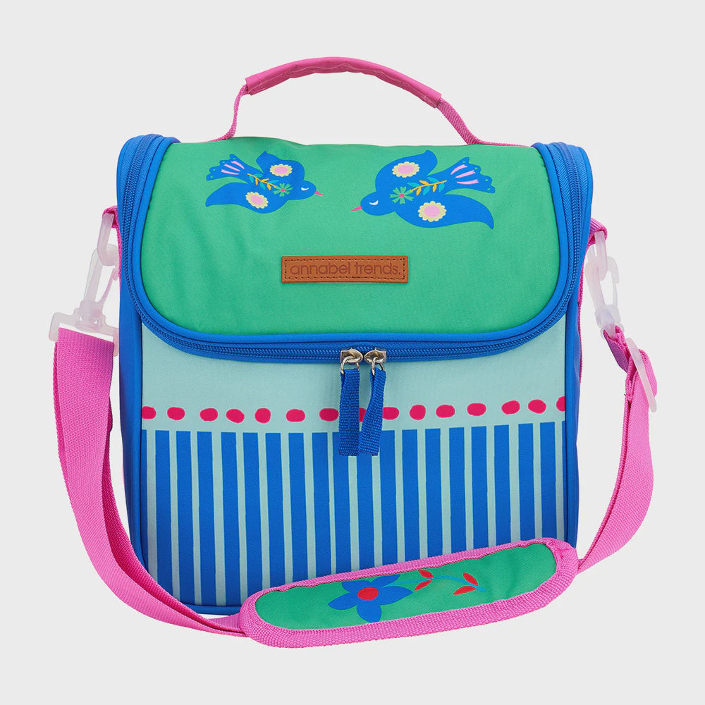 Colorful lumch pack with bird designs on a light gray background