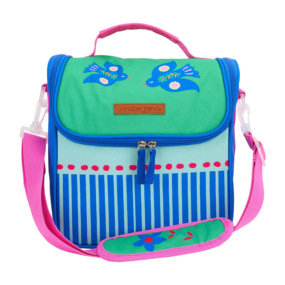 Colorful lunch bag in bright green with bird designs with hot pink accents