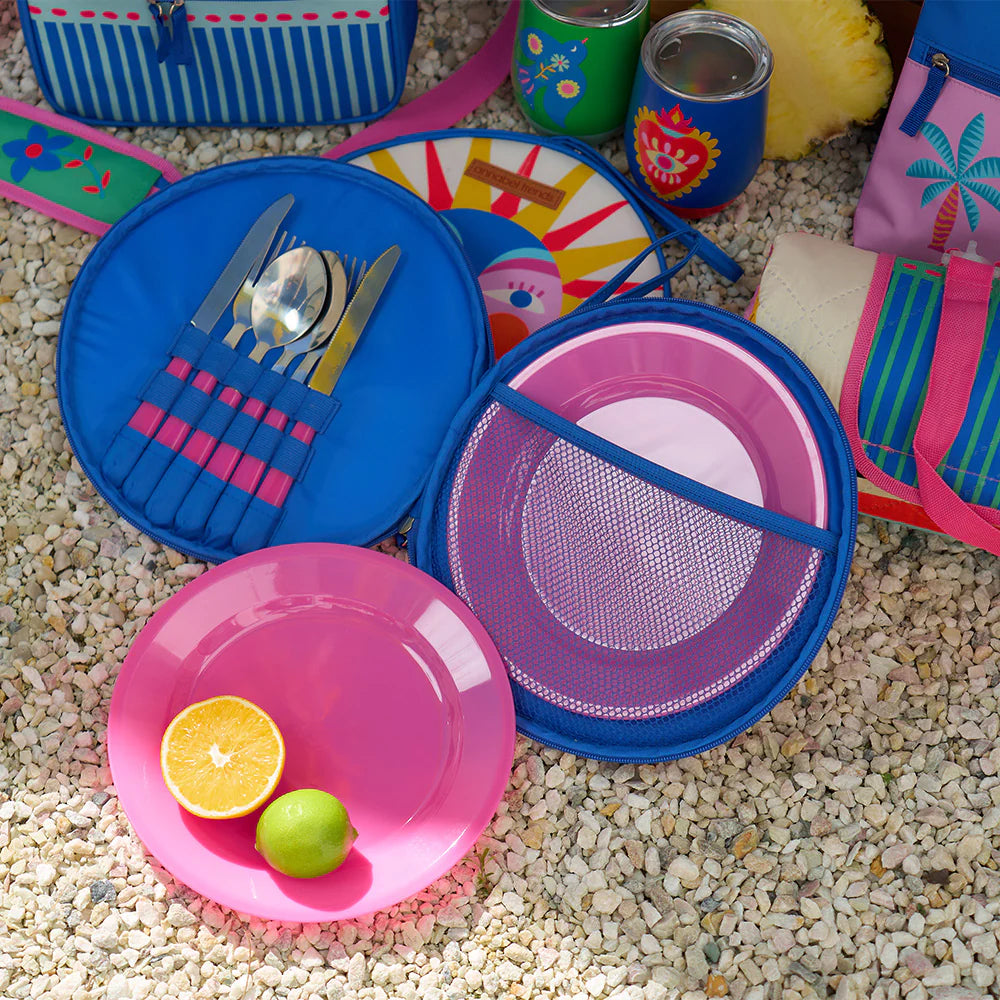 Colorful plastic plates and cutlery sets for two, hot pink picnic, with fiesta design.