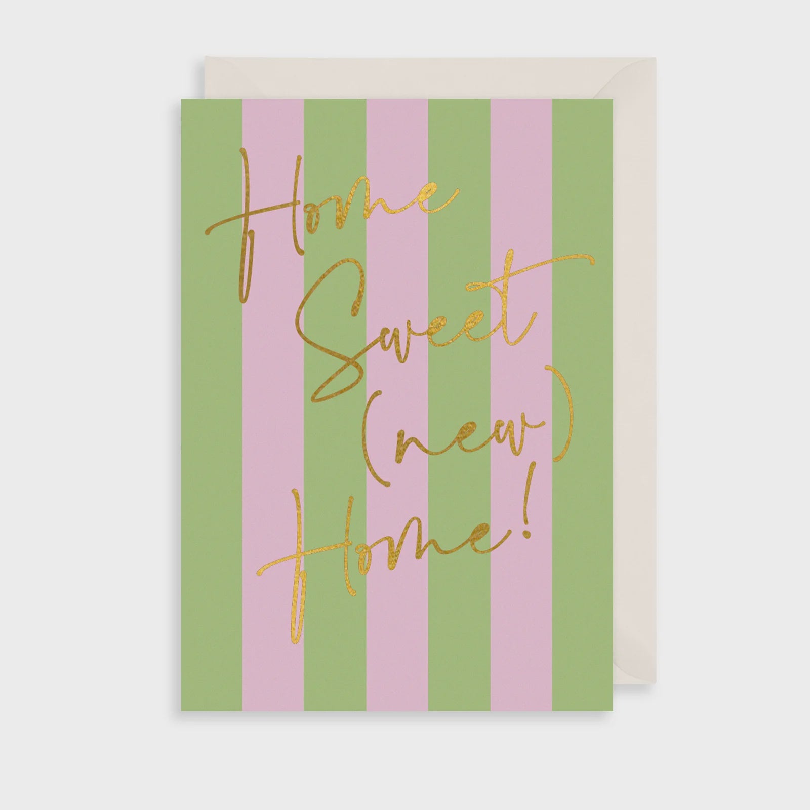 Greeting card with 'Home Sweet (New Home)!' text on a striped pink and green background