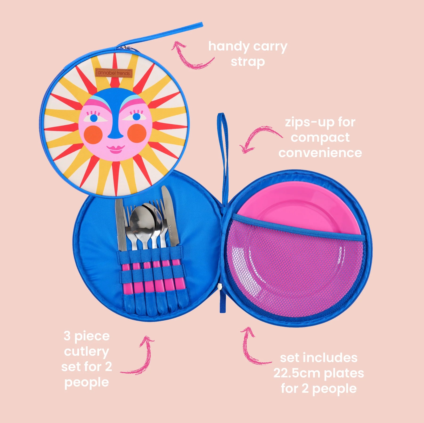 Portable dining set with colorful design on a pink background