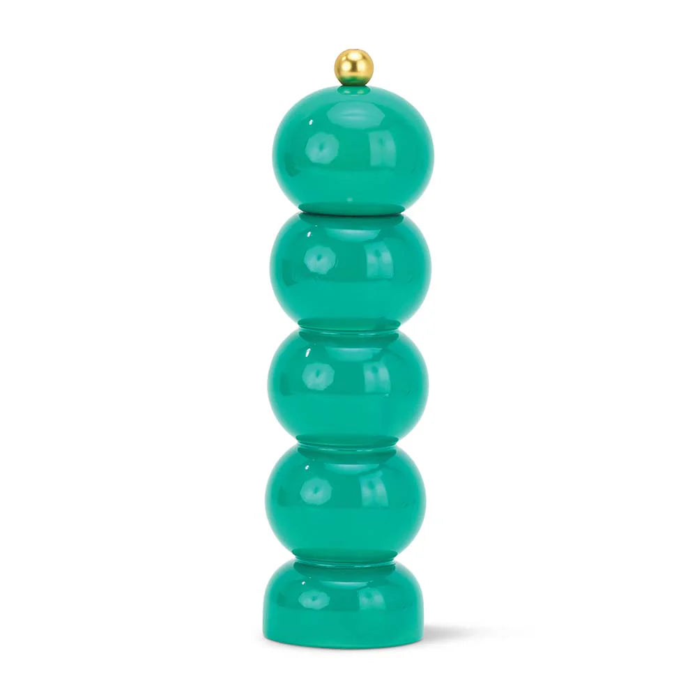 Turquoise-colored decorative item with a gold top on a white background