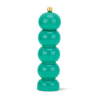 Turquoise-colored decorative item with a gold top on a white background