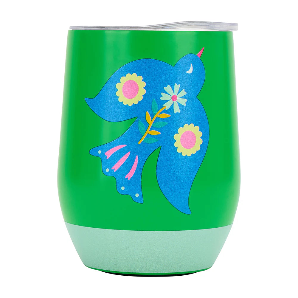 Green tumbler with a blue butterfly and floral design on a white background