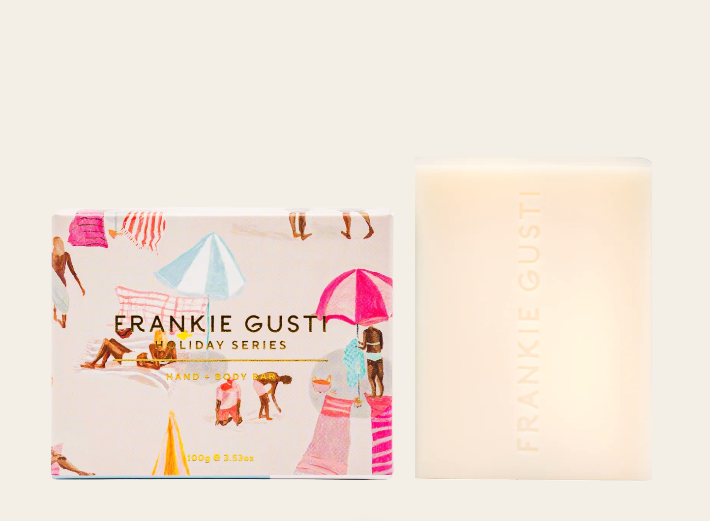 Product packaging with 'Frankie Gust' branding on a white background with Beach scense and 90's vibes