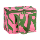 Pink and green camouflage cooler bag with a handle on a white background