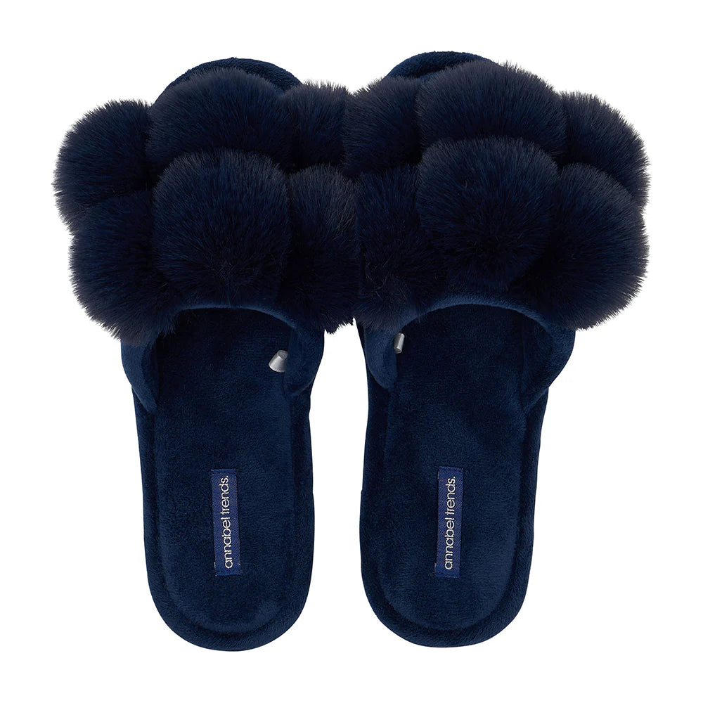 Navy Pom Pom Cosy Slippers
