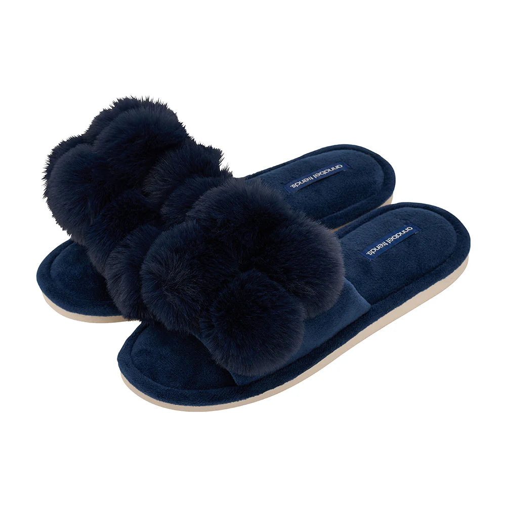 Navy Pom Pom Cosy Slippers
