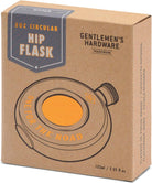 Silver Hip Flask with engraving saying one for the road packaging showing product