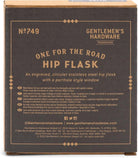 Box of Gentlemen's Hardware One for the Road Hip Flask with text and branding.