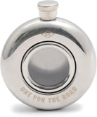 Silver flask with 'One for the Road' engraving on a white background