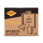 Box of Gentlemen's Hardware hip flask set with flask, cup, and funnel on a white background