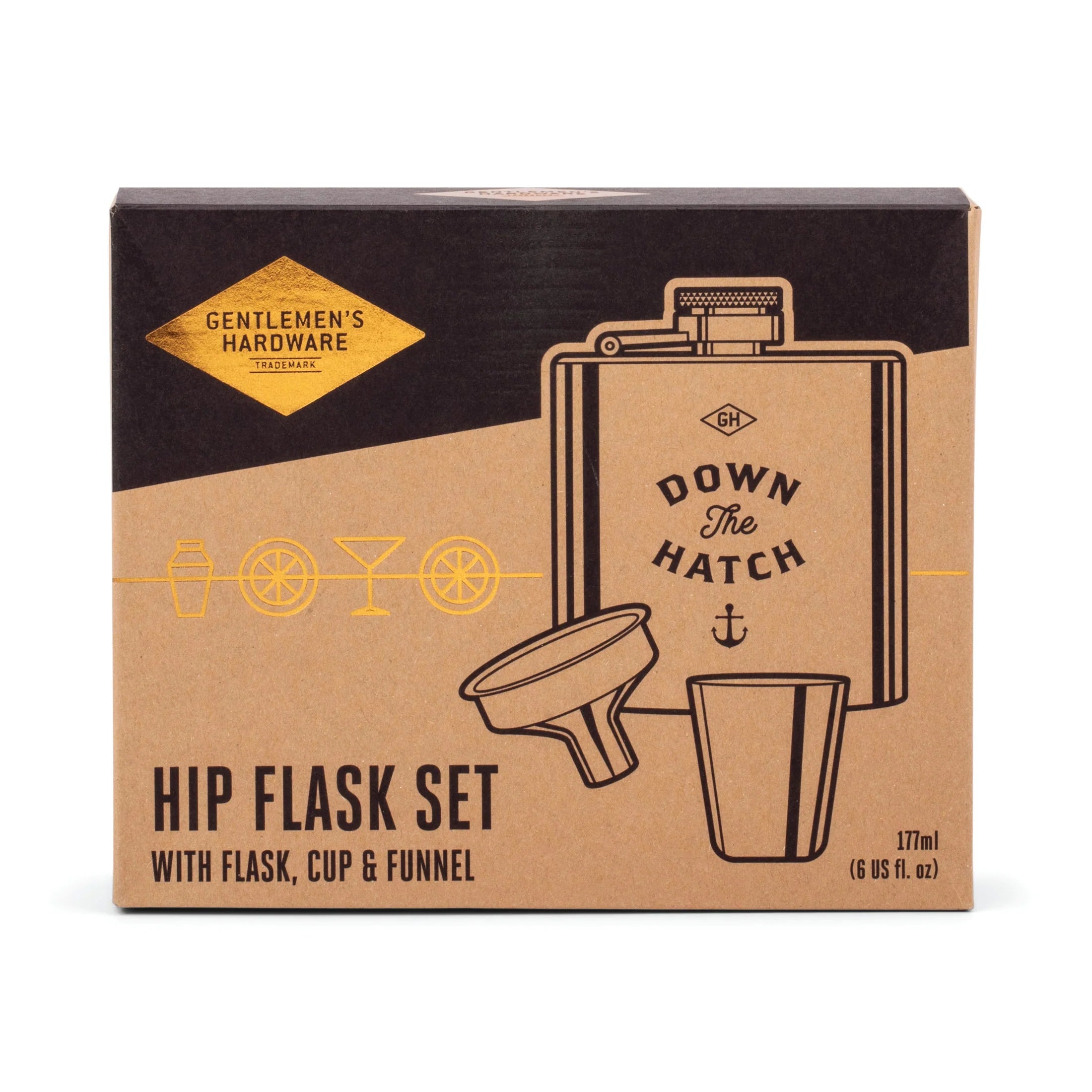 Box of Gentlemen's Hardware hip flask set with flask, cup, and funnel on a white background