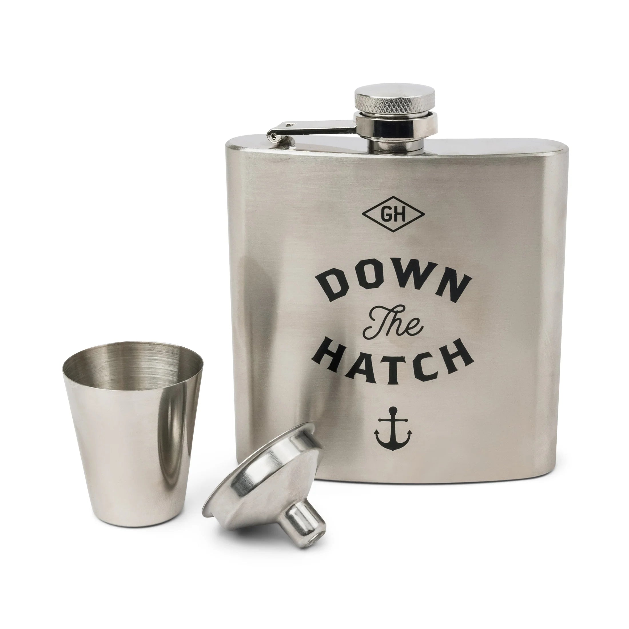 Stainless steel flask with 'Down The Hatch' text and anchor symbol, accompanied by a shot glass and lid on a white background.