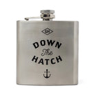 Stainless steel flask with 'Down The Hatch' text and anchor symbol on a white background