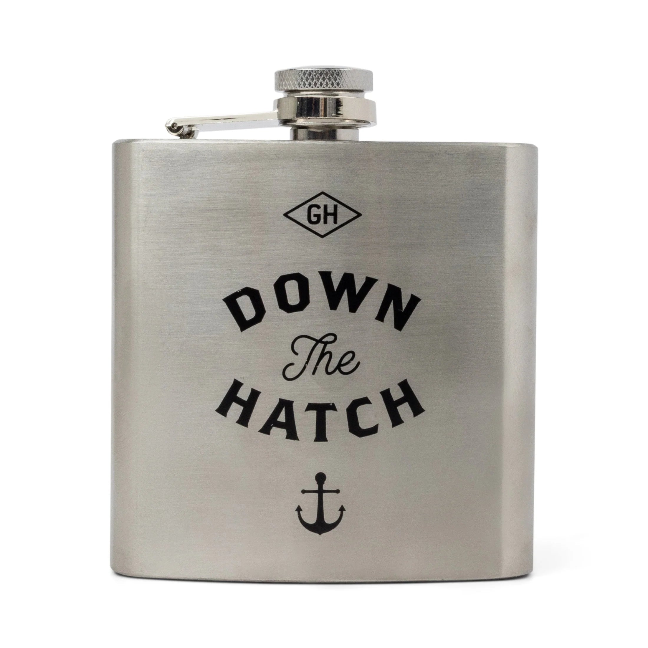 Stainless steel flask with 'Down The Hatch' text and anchor symbol on a white background