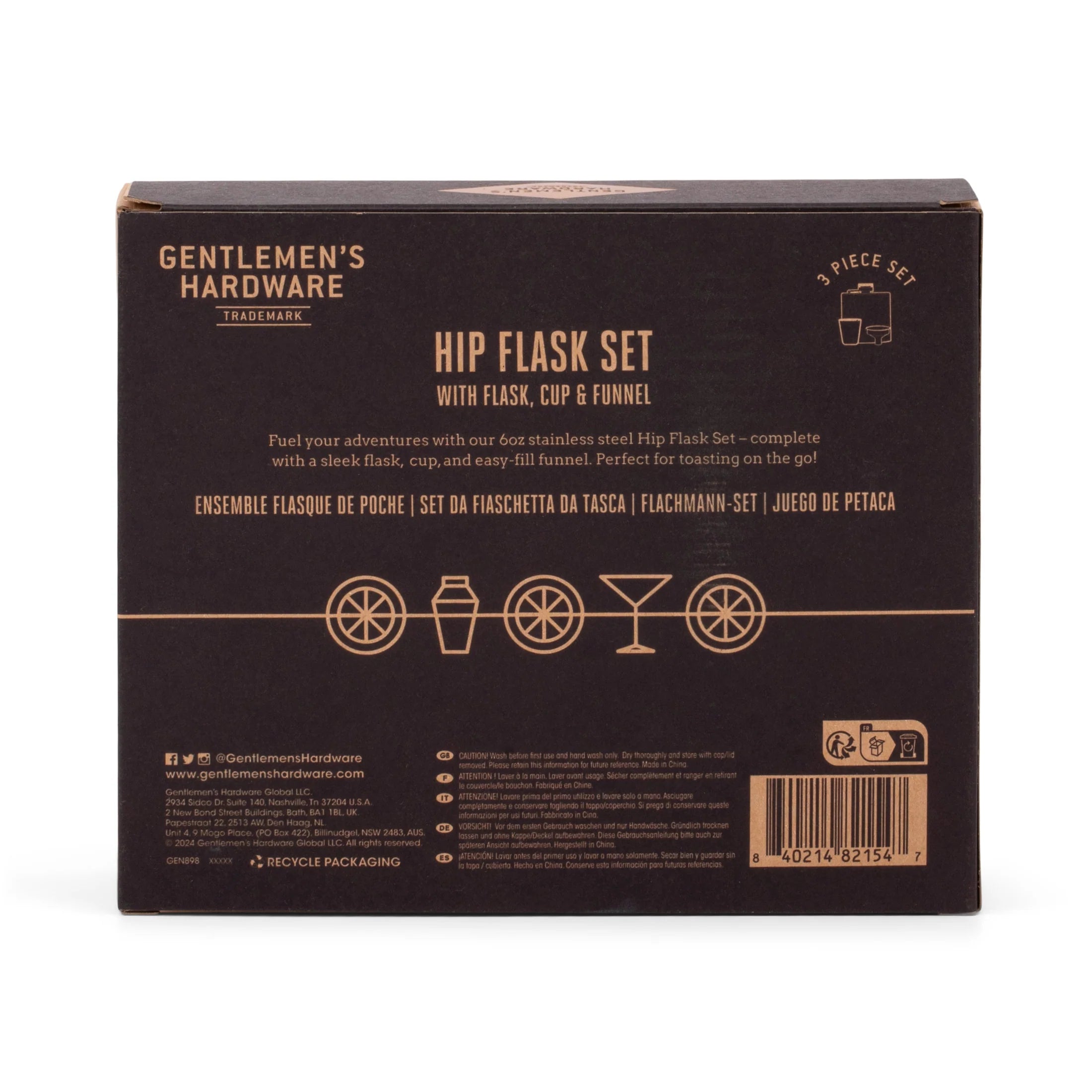 Box of Gentlemen's Hardware Hip Flask Set on a white background