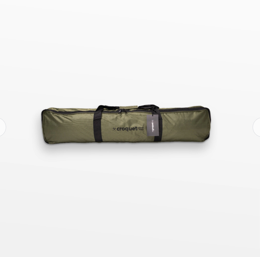 Green carrying bag with black straps on a white background