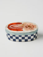 unique handmade trinket box, navy blue check with red flower