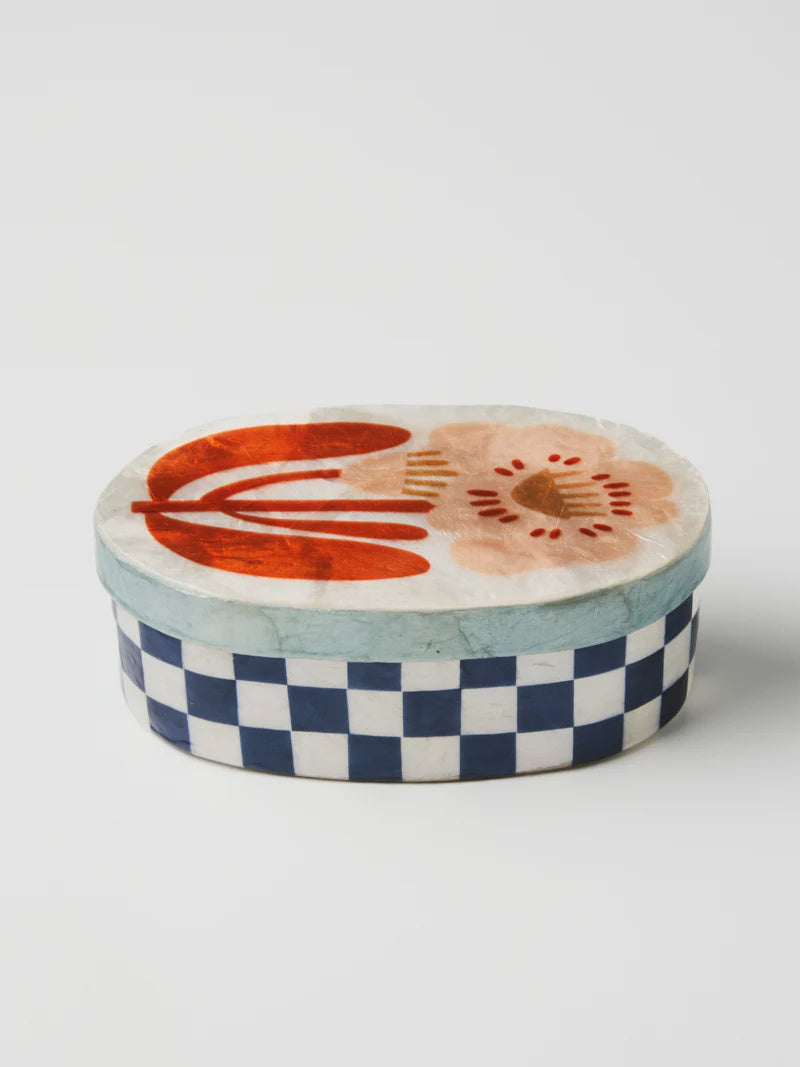 unique handmade trinket box, navy blue check with red flower