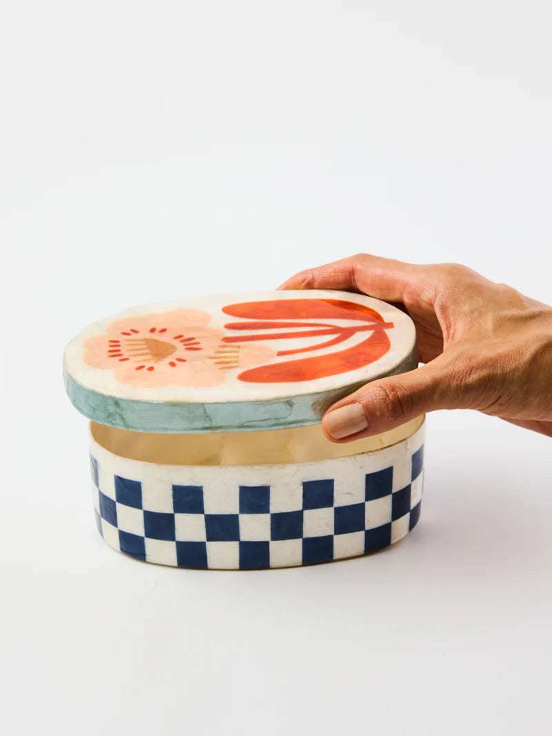 unique handmade trinket box, navy blue check with red flower
