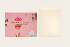 Frankie Gusti product packaging with beach babes 80's vibes illustrations on a pink background
