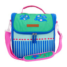 Colorful lunch bag in bright green with bird designs with hot pink accents