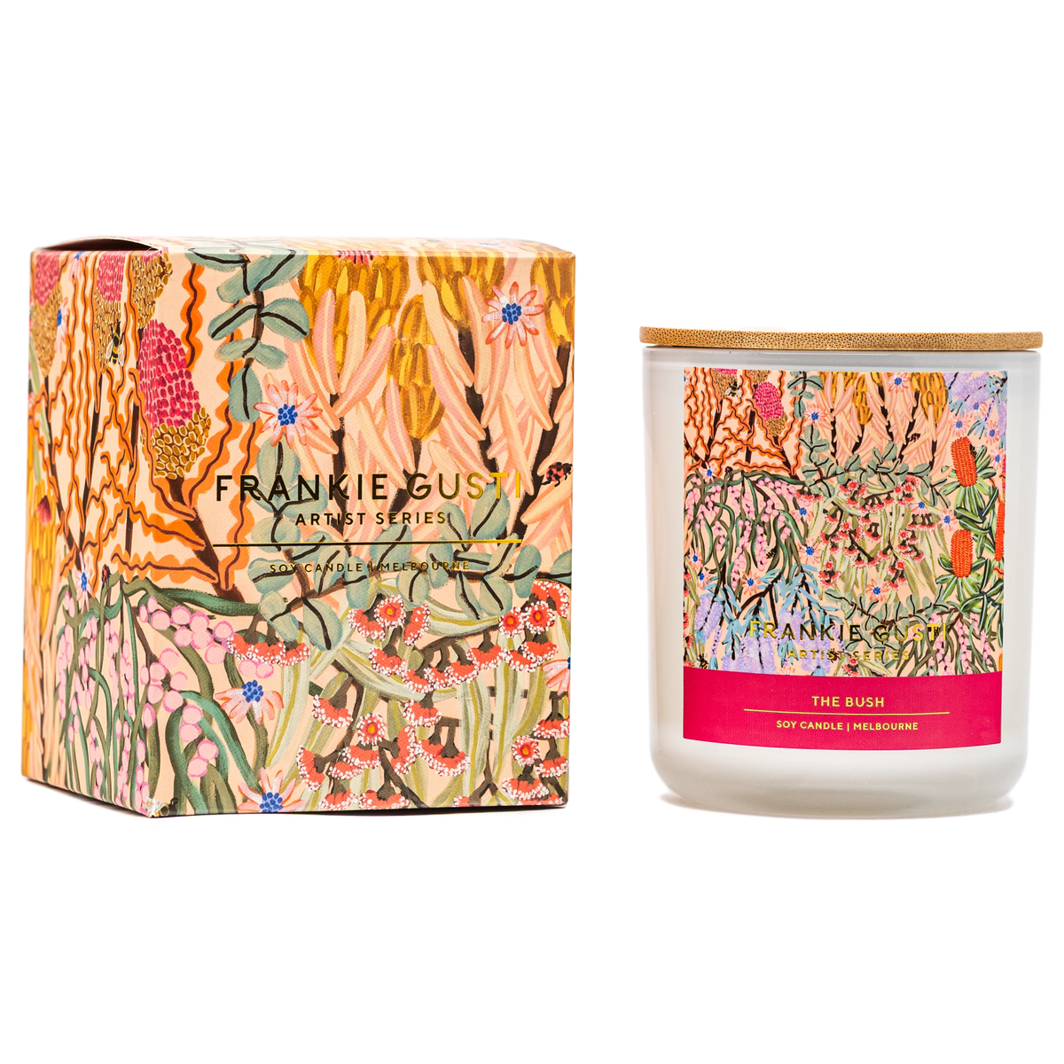handmade candle inspired by the bush from Melbourne candle house Frankie Gusti with artwork by Amy Gibbs