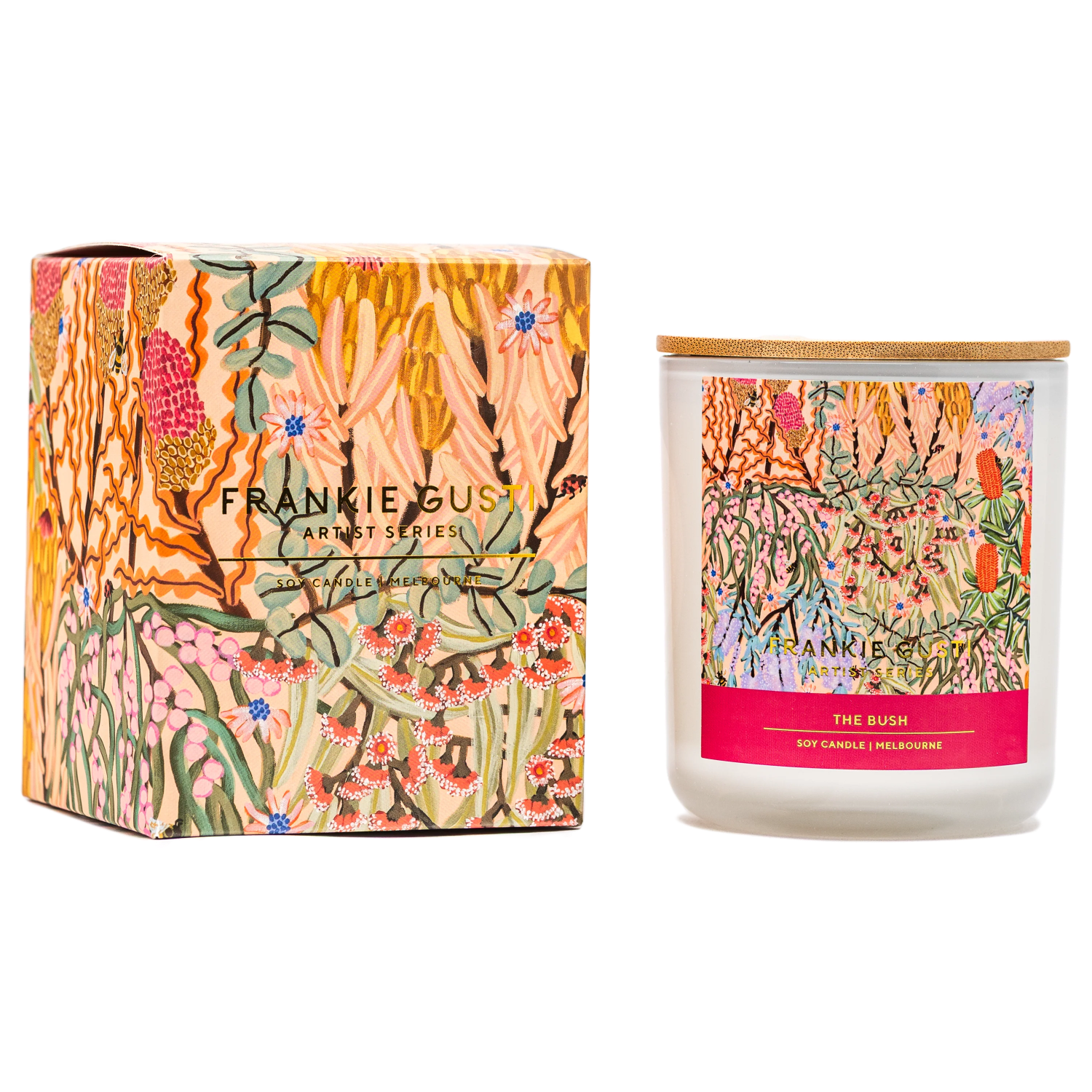 handmade candle inspired by the bush from Melbourne candle house Frankie Gusti with artwork by Amy Gibbs