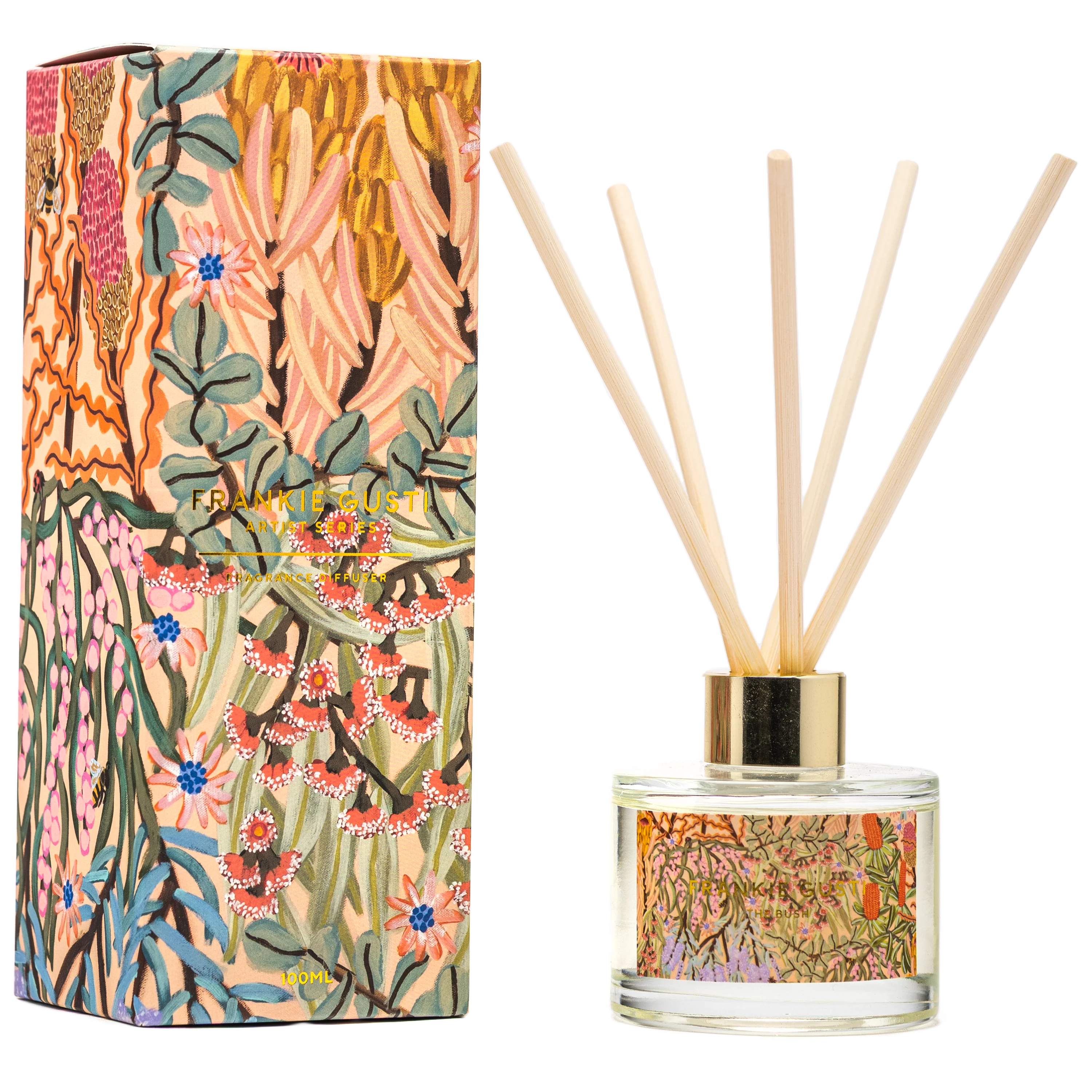 Reed diffuser with floral packaging inspired by the Australian Bush