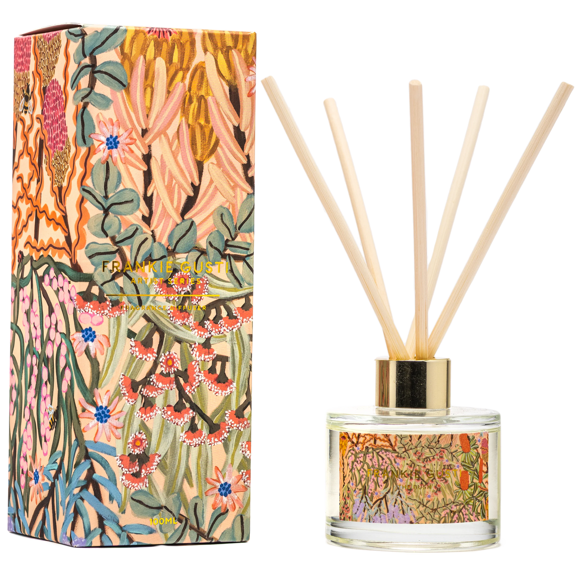 Reed diffuser with floral packaging inspired by the Australian Bush