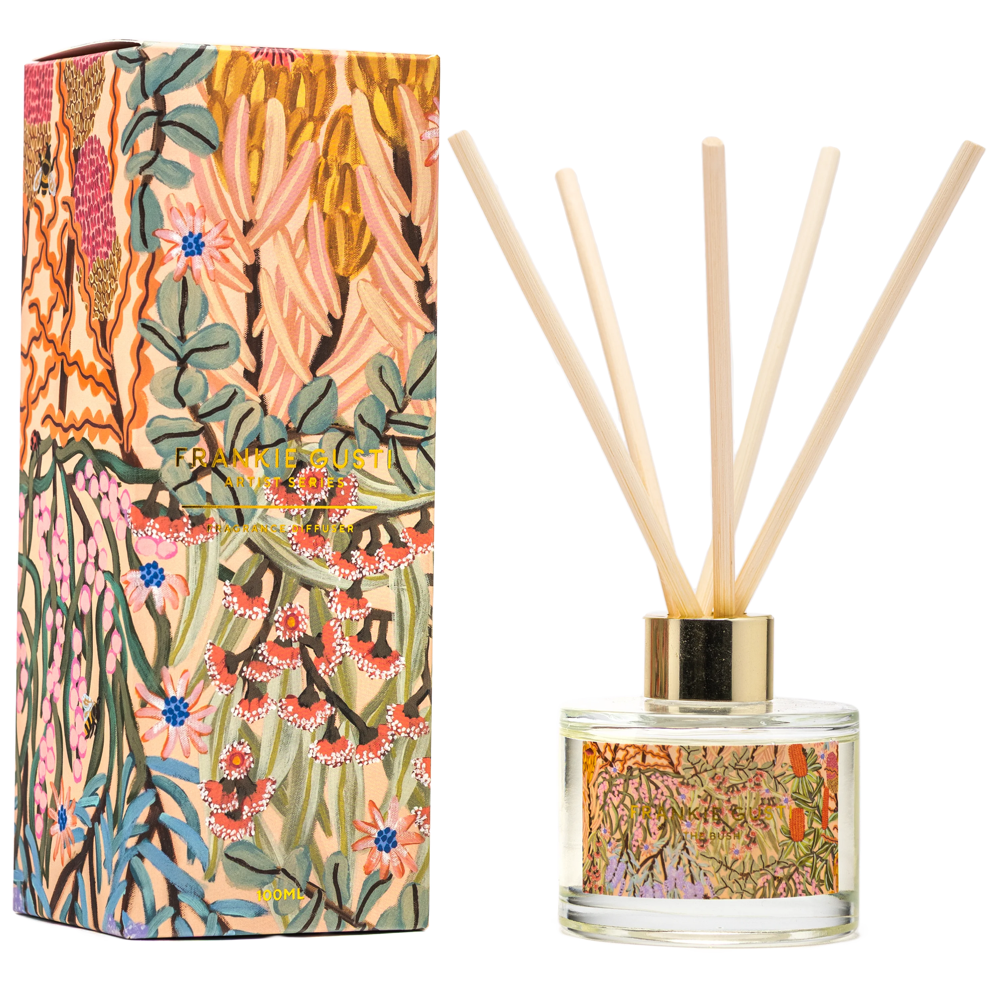 Reed diffuser with floral packaging inspired by the Australian Bush