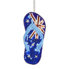 A sequin decoration in the shape of an Australian thong with a colorful design, including blue, red, white, and green elements, and adorned with sparkling stones.