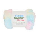 Pastel tie-dye bubble faux fur throw with branding on a white background