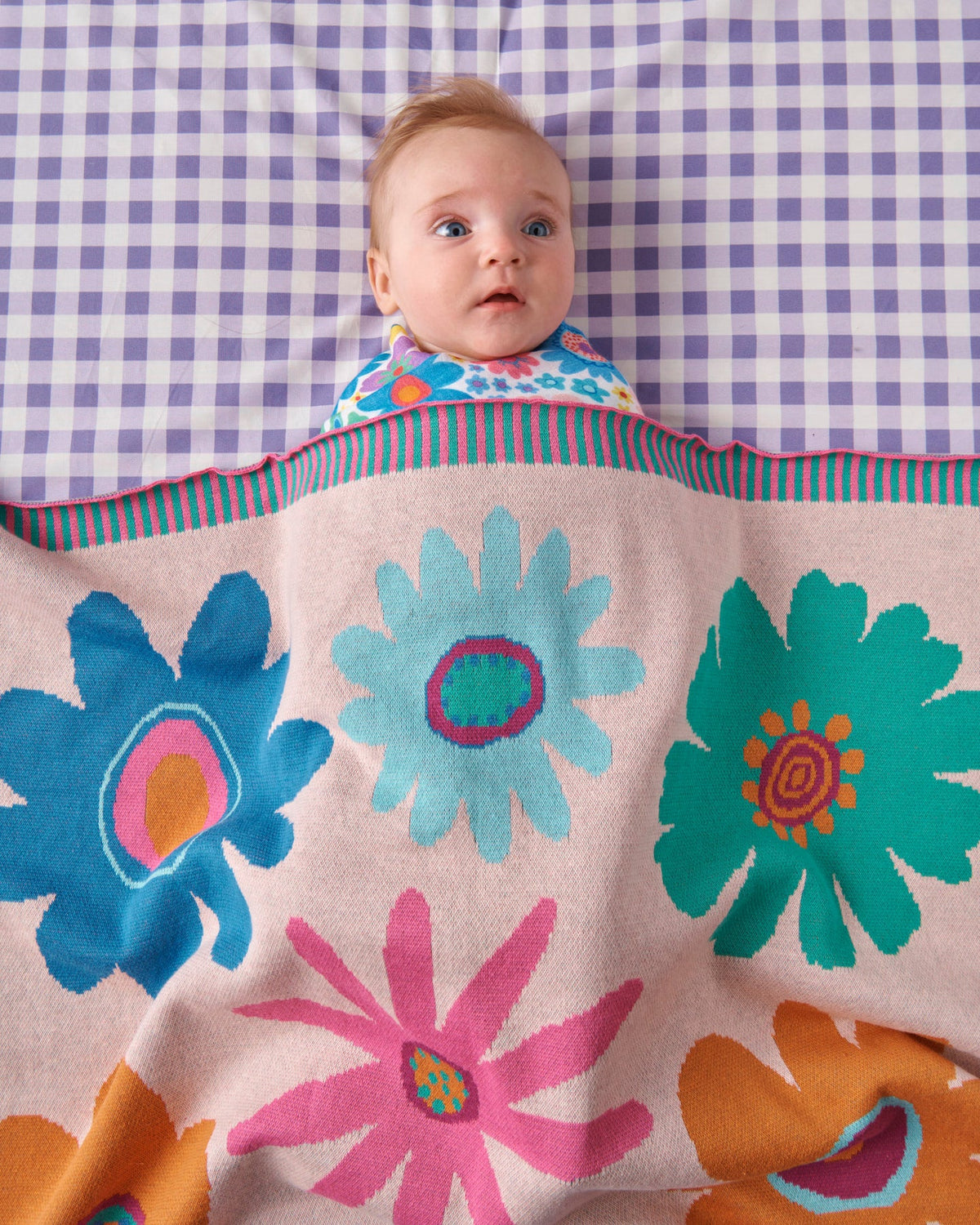 Rainbow Flowers Cotton Knitted Blanket One Size