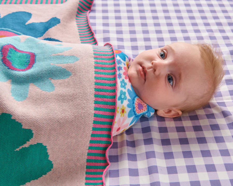 Rainbow Flowers Cotton Knitted Blanket One Size