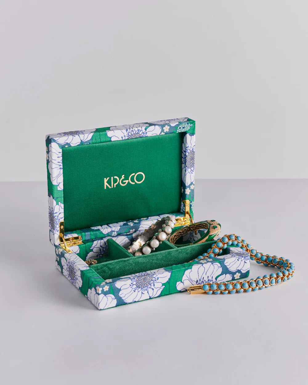 Tumbling Flowers Green Velvet Jewellery Box Small Sm