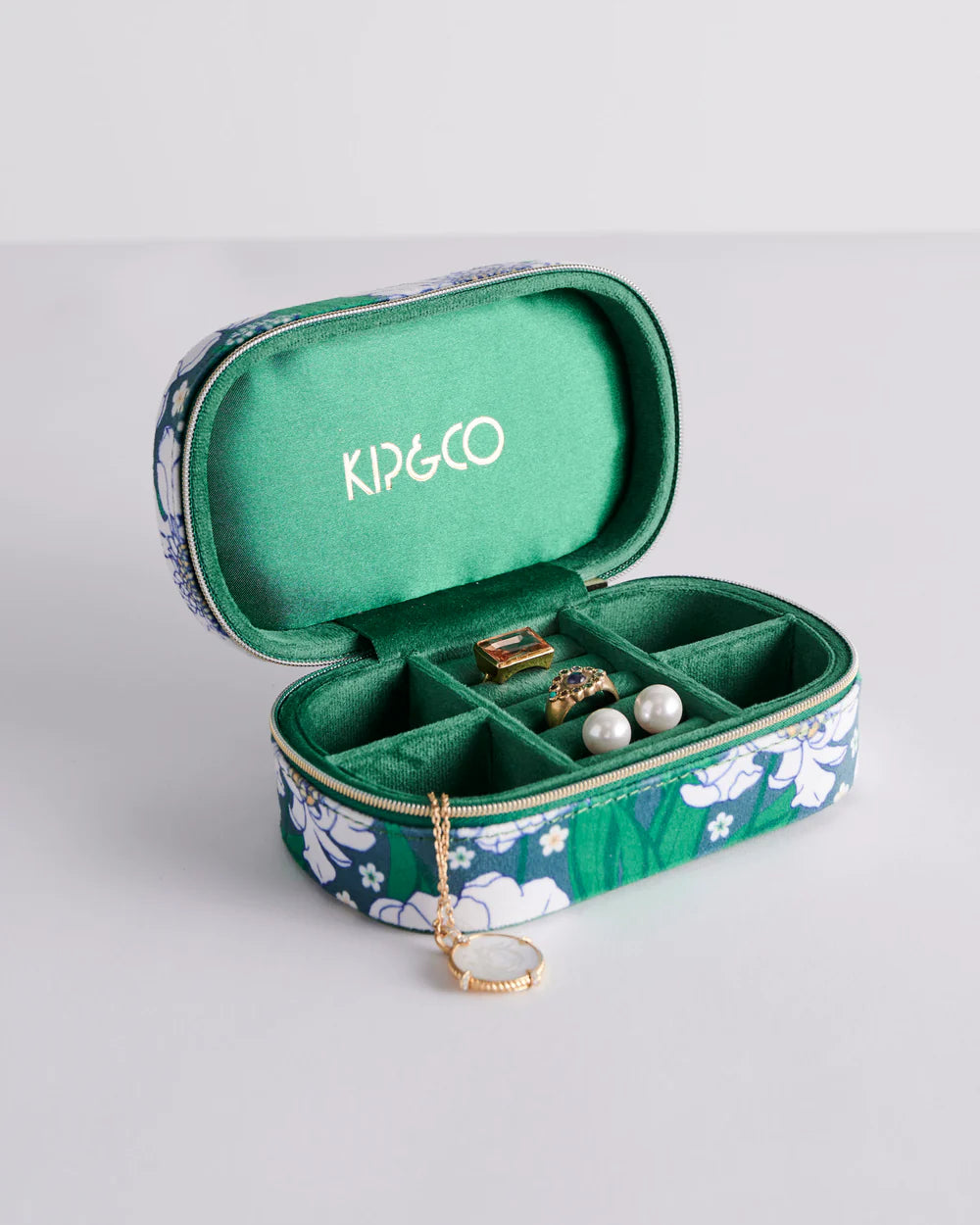 Tumbling Flowers Green Travel Velvet Jewellery Box One Size