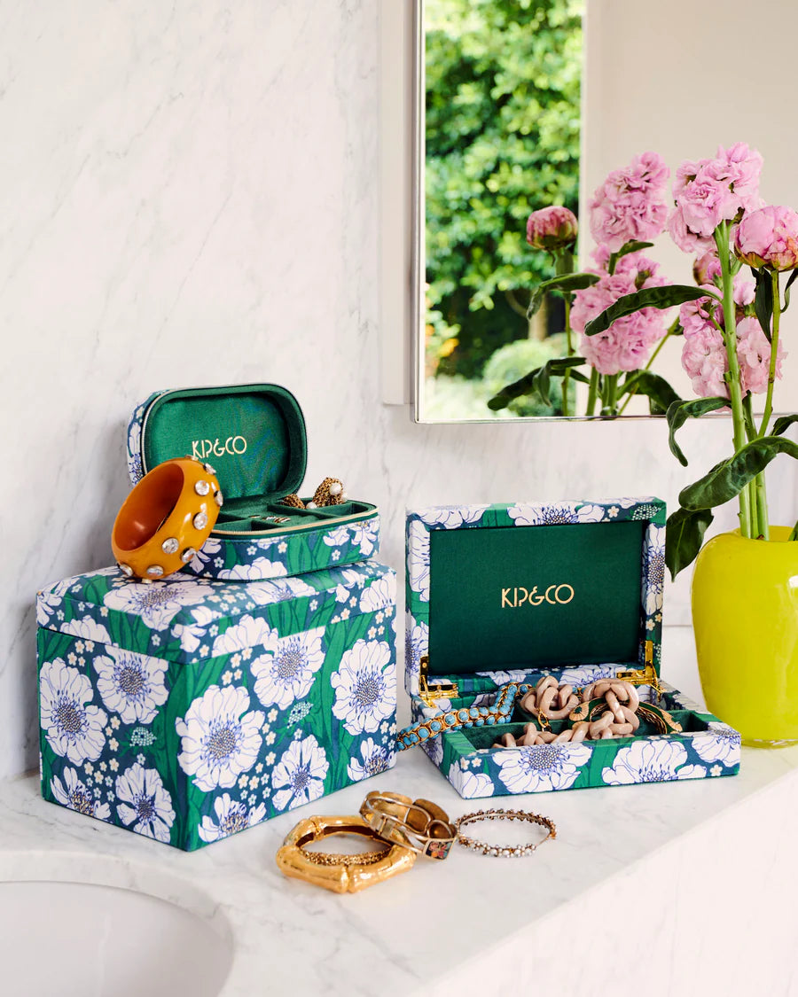 Tumbling Flowers Green Velvet Jewellery Box Large Large
