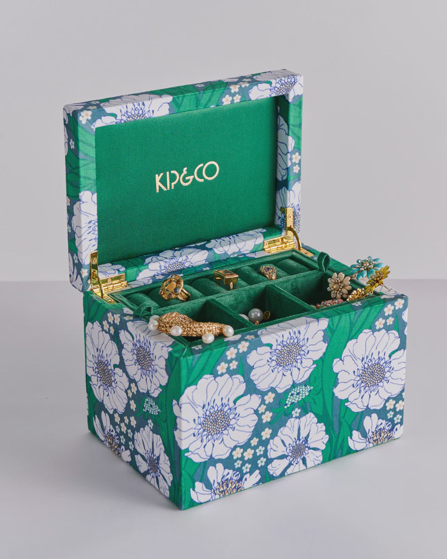 Tumbling Flowers Green Velvet Jewellery Box Large Large