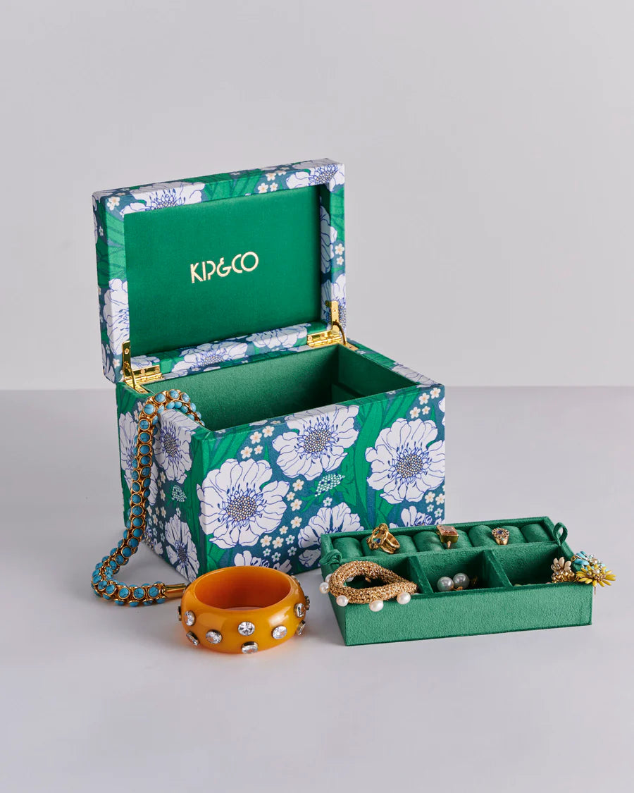 Tumbling Flowers Green Velvet Jewellery Box Large Large
