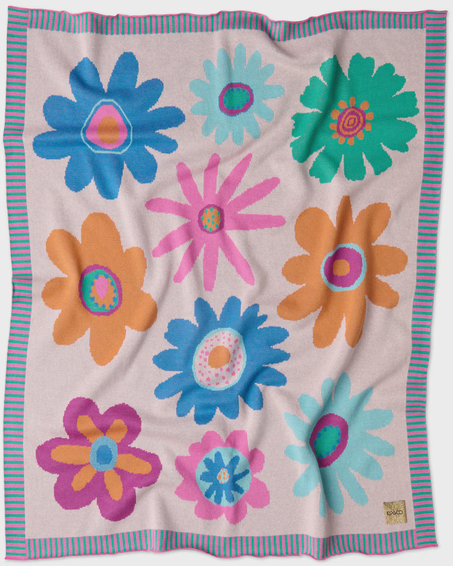 Rainbow Flowers Cotton Knitted Blanket One Size
