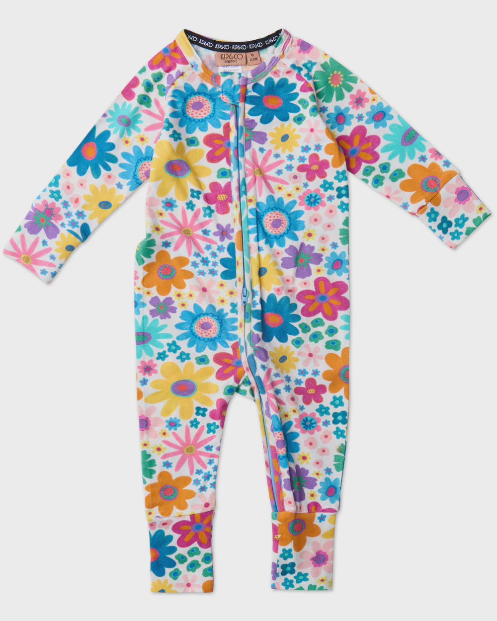 Rainbow Flowers Organic Long Sleeve Zip Romper