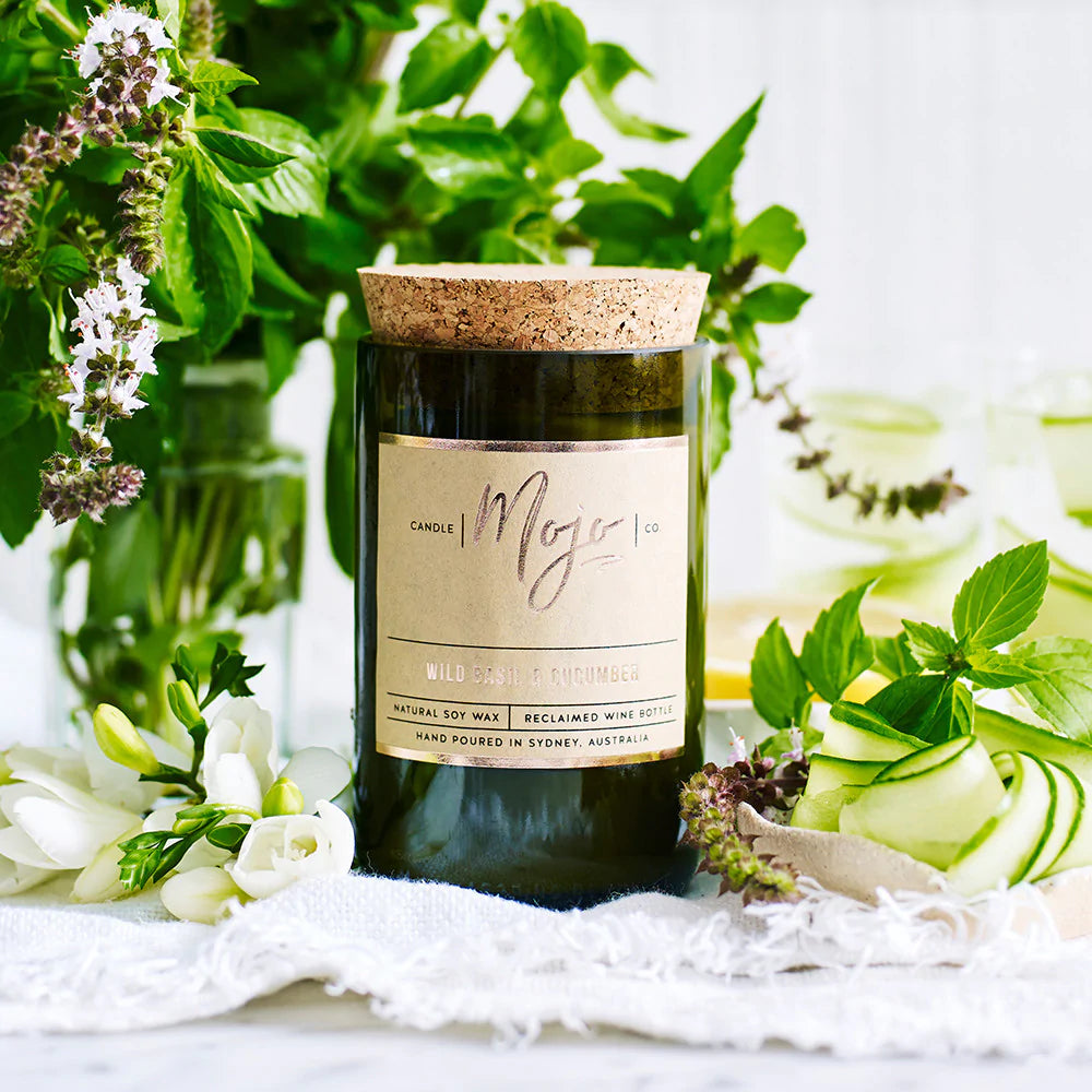 Wild Basil &amp; Cucumber - Reclaimed Wine Bottle Soy Wax Candle